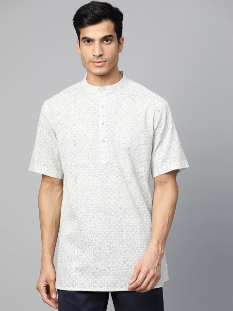 

Fabindia Men White & Navy Blue Printed Straight Short Kurta