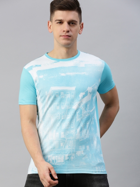 

BEAT LONDON by PEPE JEANS Men Turquoise Blue White Graphic Printed Round Neck Pure Cotton T-shirt