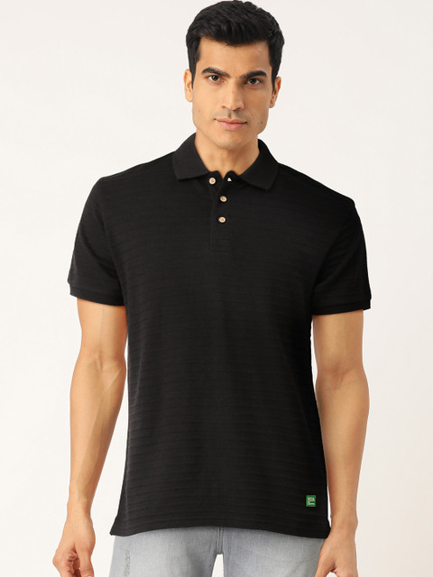 

United Colors of Benetton Men Black Jacquard Self-Striped Polo Collar T-shirt