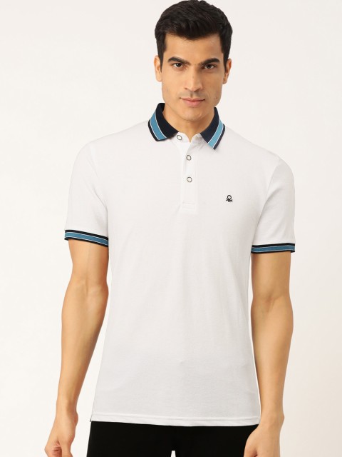 United Colors of Benetton Men White Solid Polo Collar T-shirt