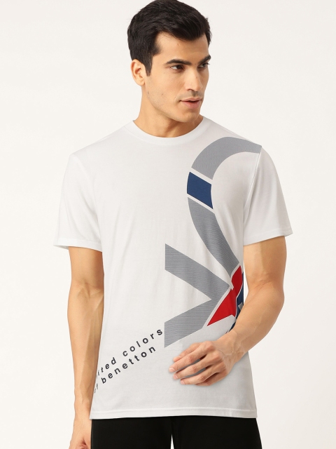 

United Colors of Benetton Men White & Blue Printed Round Neck T-shirt