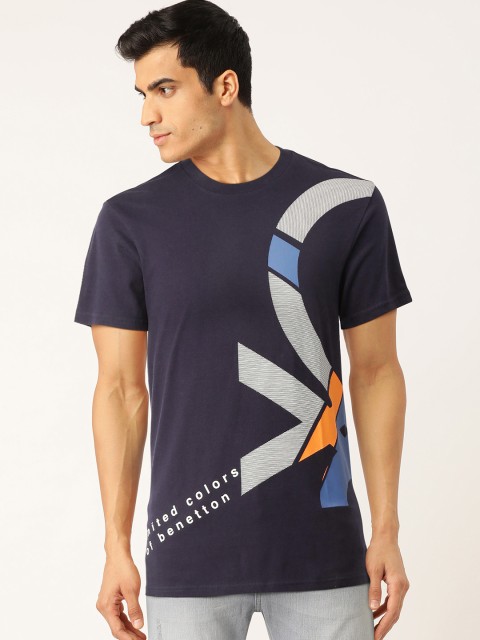 

United Colors of Benetton Men Navy & Grey Printed Round Neck T-shirt, Navy blue