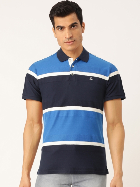 

United Colors of Benetton Men Blue & White Striped Polo Collar T-shirt