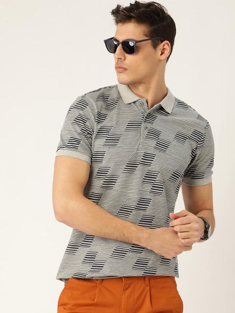 

United Colors of Benetton Men Grey & Navy Blue Printed Polo Collar T-shirt