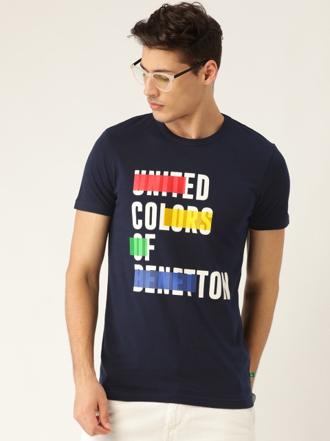 

United Colors of Benetton Men Navy Blue White Printed Round Neck Pure Cotton T-shirt