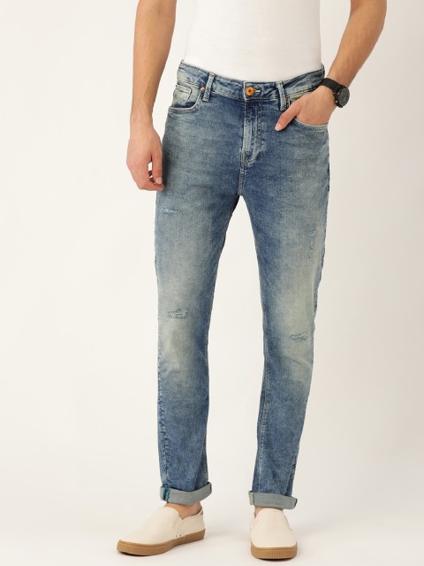 

United Colors of Benetton Men Blue Carrot Fit Mid-Rise Low Distress Stretchable Jeans