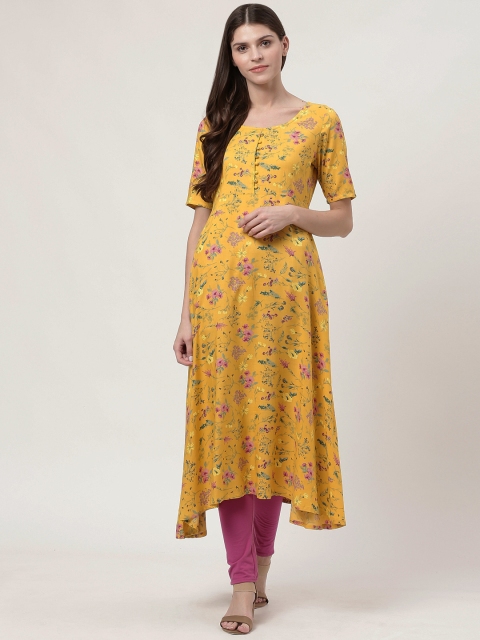 

HERE&NOW Women Mustard Yellow & Blue Floral Print Asymmetric A-Line Kurta