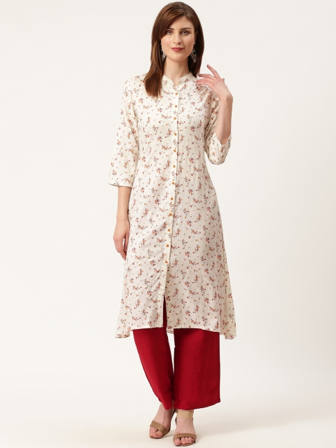 

HERE&NOW Women Off-White & Mustard Yellow Floral Printed A-Line Kurta