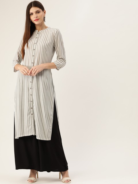 HERE&NOW Women Off-White & Grey Striped Straight Kurta
