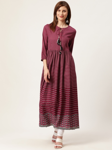 

HERE&NOW Women Maroon & White Striped A-Line Kurta