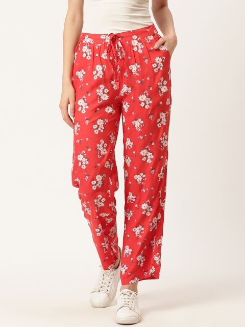 

Moda Rapido Women Coral Orange & Off-White Floral Print Straight Palazzos