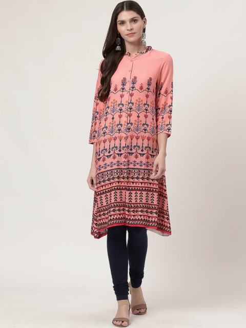 

HERE&NOW Women Peach-Coloured & Maroon Printed A-Line High-low Kurta