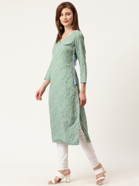 

HERE&NOW Women Olive Green Quirky Print Straight Angrakha Kurta