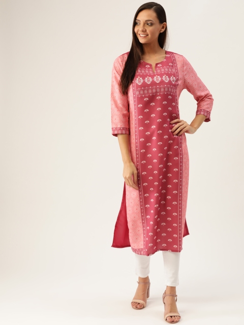 

HERE&NOW Women Pink & White Printed Straight Kurta