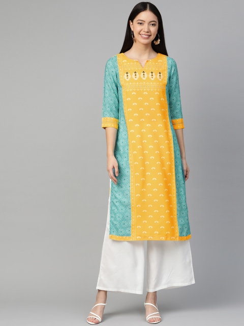 

HERE&NOW Women Mustard Yellow & Teal Green Printed Straight Kurta