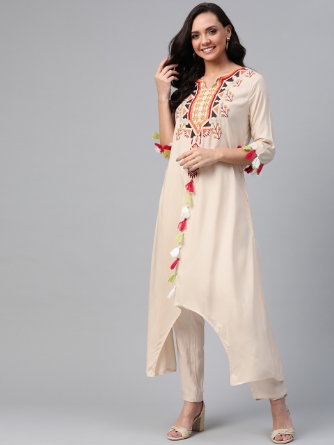 

HERE&NOW Women Beige Yoke Design Asymmetric A-Line Kurta