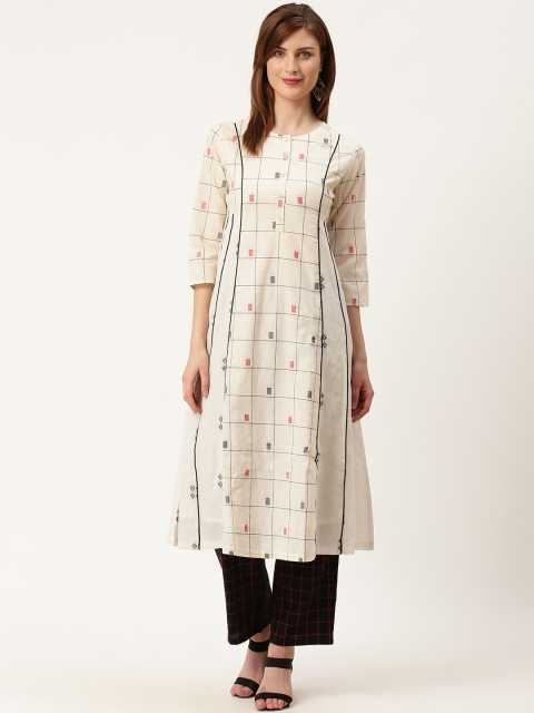 

Moda Rapido Women Off-White & Black Checked Kurta with Trousers
