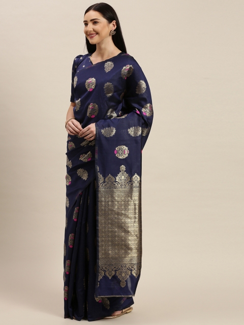 

Mitera Navy Blue & Gold-Toned Silk Blend Woven Design Kanjeevaram Saree
