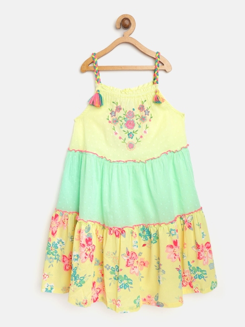 

Nauti Nati Girls Yellow & Green Embroidered Tiered A-Line Dress