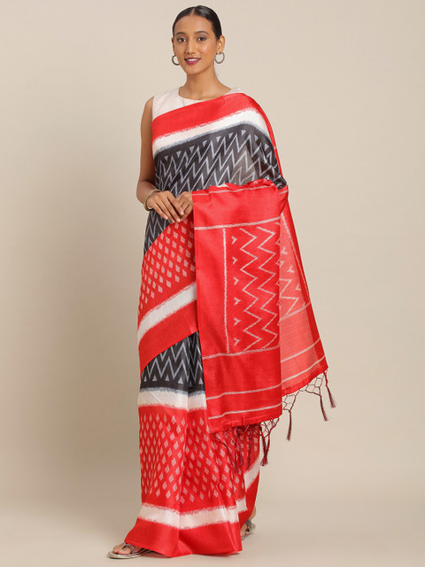 

KALINI Black & Red Linen Blend Printed Saree