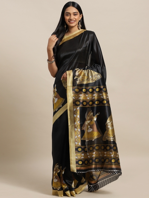 

KALINI Black & Gold-Coloured Linen Blend Digital Printed Saree