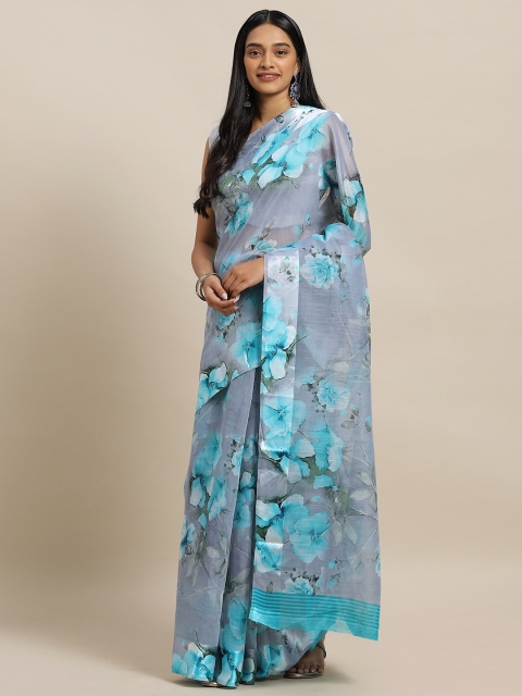 

KALINI Grey & Blue Linen Blend Digital Printed Saree