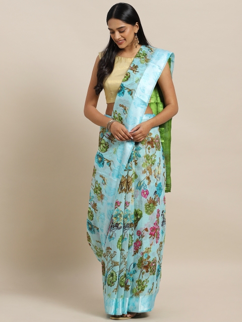 

KALINI Blue & Olive Green Linen Blend Digital Printed Saree