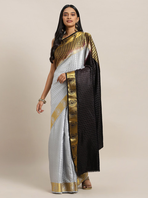 

KALINI Silver-Toned & Black Art Silk Woven Design Saree