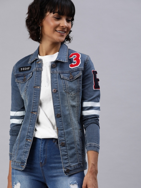 

London Rag Women Blue Washed Denim Jacket with Appliques
