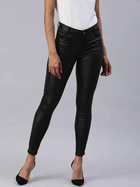 

London Rag Women Black Skinny Fit Wet Look Solid Regular Trousers