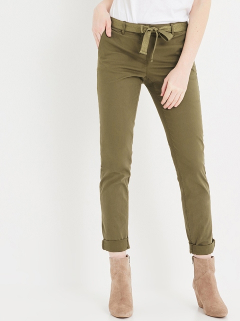 

promod Women Olive Green Regular Fit Solid Trousers