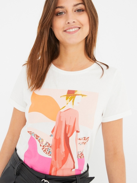 

promod Women White & Orange Girl Print Round Neck T-shirt