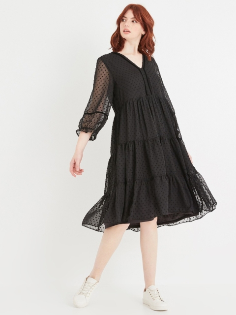

promod Women Black Self-Design Tiered A-Line Net Dress