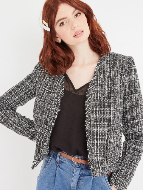 

promod Women Black & White Houndstooth Open Front Jacket