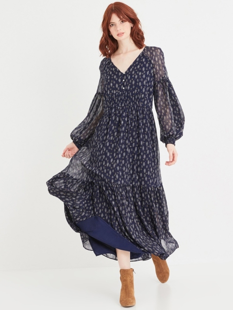 

promod Women Navy Blue & Grey Printed Tiered Maxi Dress
