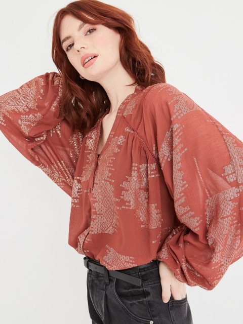 

promod Women Rust Brown Self-Design Top