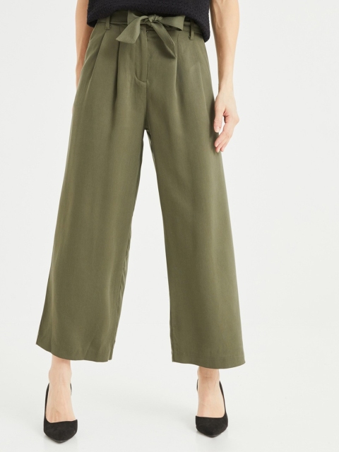 

promod Women Olive Green Regular Fit Solid Parallel Trousers