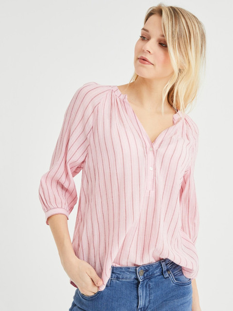 

promod Women Pink & Off-White Striped Top