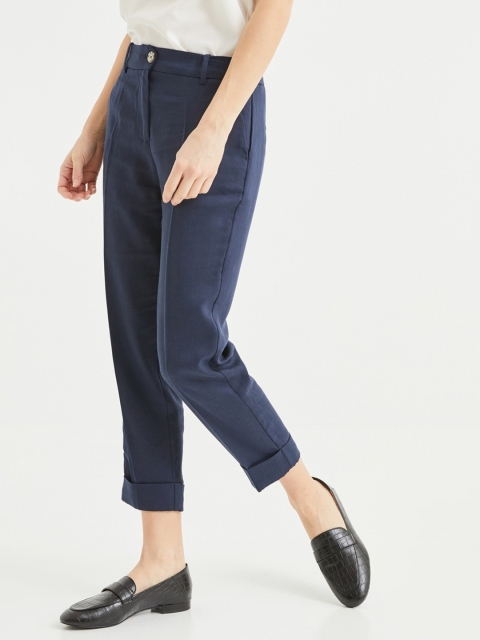 

promod Women Navy Blue Regular Fit Solid Cropped Trousers