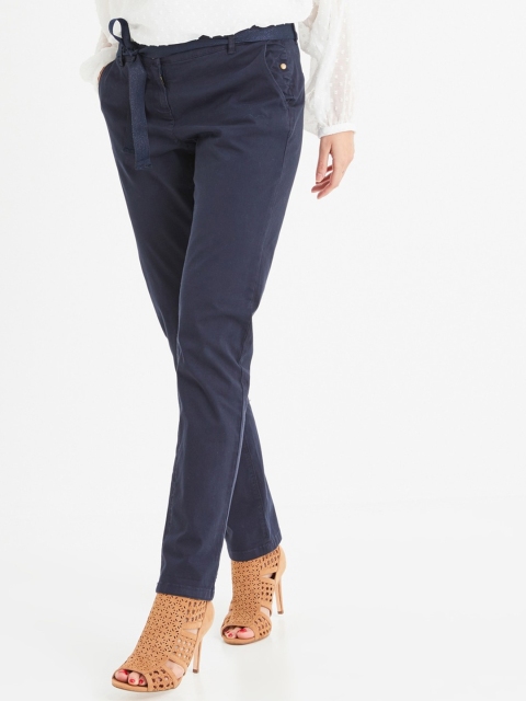

promod Women Navy Blue Regular Fit Solid Trousers