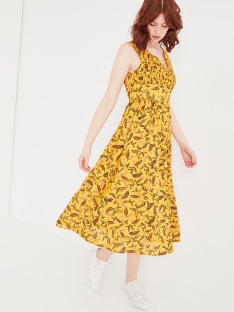 

promod Women Mustard Yellow & Black Printed A-Line Dress