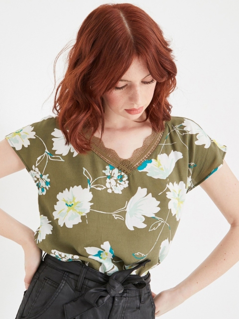 

promod Women Olive Green & White Floral Printed Top