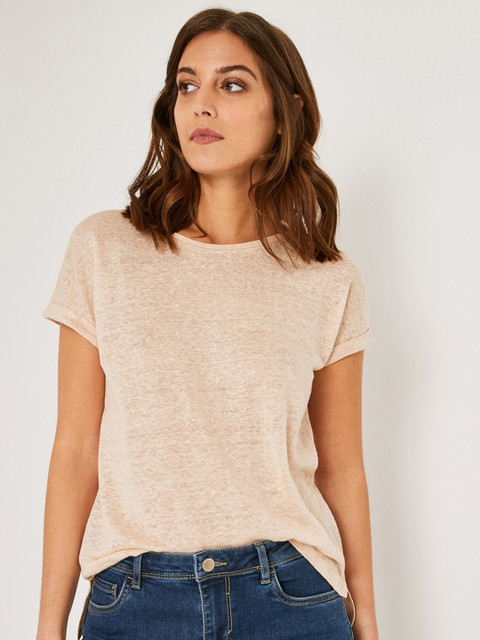 

promod Women Peach-Coloured Solid Linen Round Neck T-shirt