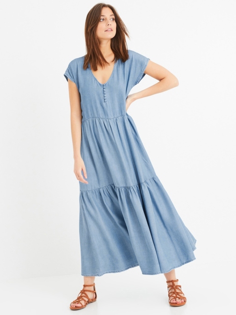 

promod Women Blue Solid Tiered Maxi Dress