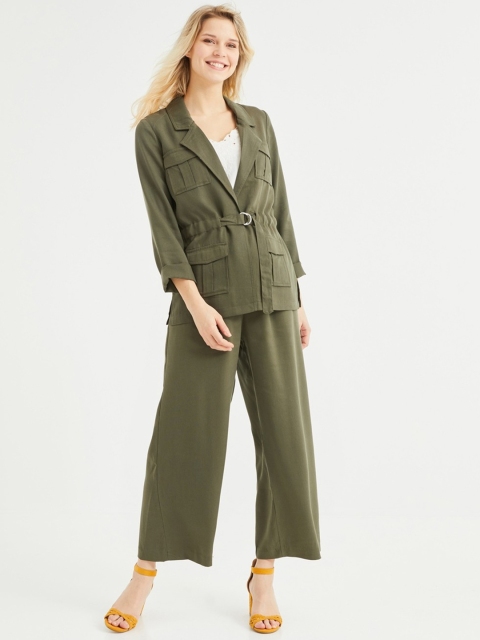 

promod Women Olive Green Solid Tailored Jacket