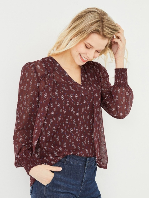 

promod Women Burgundy & Off-White Semi Sheer Printed Top
