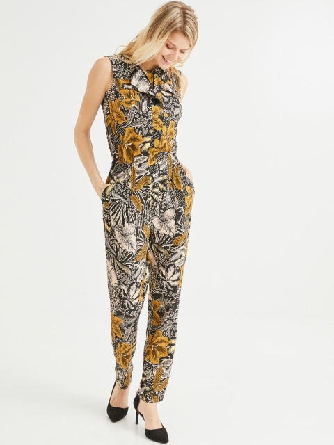 

promod Women Black & Off-White Printed Basic Jumpsuit