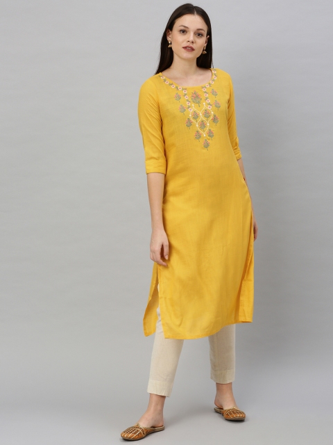 

Alena Women Mustard Yellow Embroidered Straight Kurta