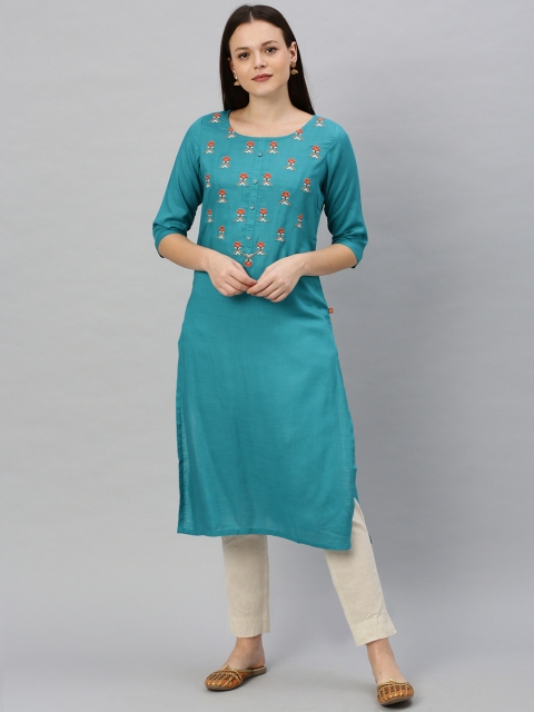 

Alena Women Turquoise Blue Embroidered Straight Kurta
