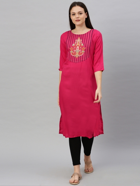 

Alena Women Fuchsia & Black Embroidered Straight Kurta